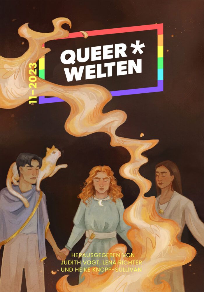 Queer*Welten Ausgabe 11-2023, herausgegeben von Judith Vogt, Lena Richter und Heike Knopp-Sullivan. Auf dem Cover ist vor einem schwarzen Hintergrund eine Gruppe von drei Hexen-Personen abgebildet, die mit geschlossenen Augen um einen dampfenden Kessel herum stehen und sich an den Händen halten.